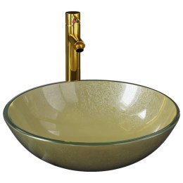 VidaXL Umywalka łazienkowa z kranem i korkiem, złota, szkło hartowane