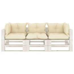 VidaXL Ogrodowa sofa 3-osobowa z palet, z kremowymi poduszkami, drewno