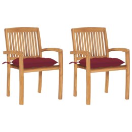 VidaXL Krzesła ogrodowe, 2 szt., czerwone poduszki, lite drewno tekowe