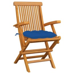 VidaXL Krzesła ogrodowe, niebieskie poduszki, 3 szt., drewno tekowe