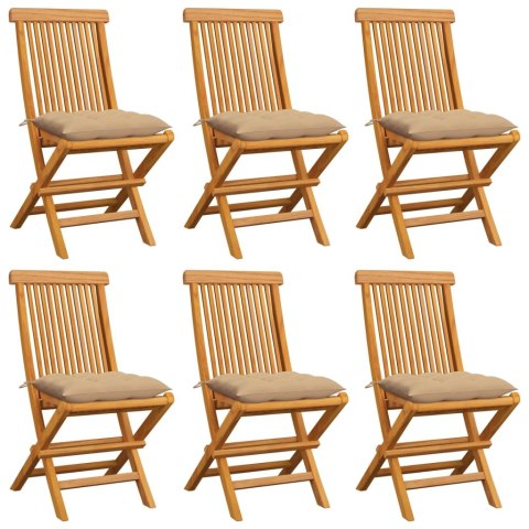 VidaXL Krzesła ogrodowe, beżowe poduszki, 6 szt., drewno tekowe