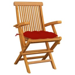 VidaXL Krzesła ogrodowe, czerwone poduszki, 3 szt., lite drewno tekowe