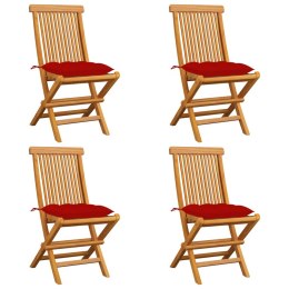 VidaXL Krzesła ogrodowe, czerwone poduszki, 4 szt., lite drewno tekowe