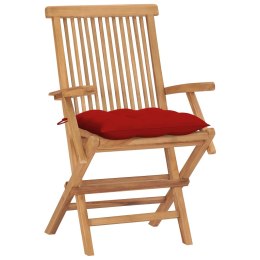 VidaXL Krzesła ogrodowe, czerwone poduszki, 4 szt., lite drewno tekowe