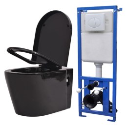 VidaXL Podwieszana toaleta ceramiczna ze spłuczką, czarna