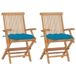 VidaXL Krzesła ogrodowe z jasnoniebieskimi poduszkami, 2 szt., tekowe