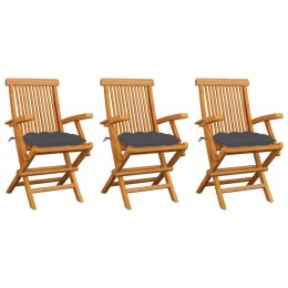 VidaXL Krzesła ogrodowe, antracytowe poduszki, 3 szt., drewno tekowe