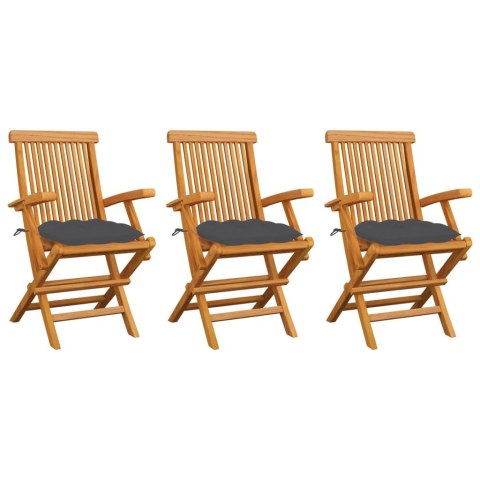 VidaXL Krzesła ogrodowe, antracytowe poduszki, 3 szt., drewno tekowe