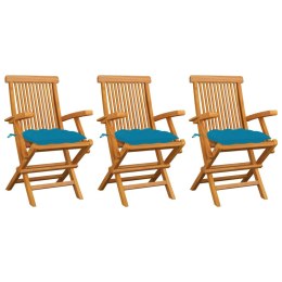 VidaXL Krzesła ogrodowe, jasnoniebieskie poduszki, 3 szt., tekowe