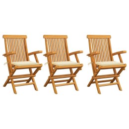 VidaXL Krzesła ogrodowe z kremowymi poduszkami, 3 szt., drewno tekowe