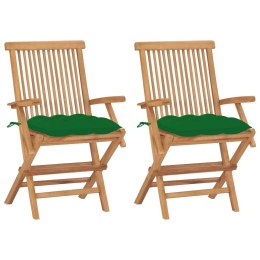VidaXL Krzesła ogrodowe z zielonymi poduszkami, 2 szt., drewno tekowe