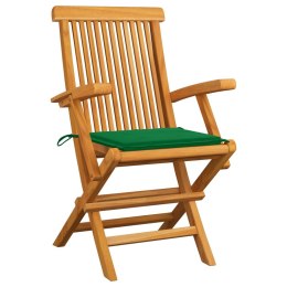 VidaXL Krzesła ogrodowe z zielonymi poduszkami, 3 szt., drewno tekowe