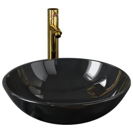 VidaXL Umywalka łazienkowa z kranem i korkiem, czarna, szkło hartowane