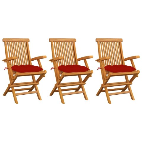 VidaXL Krzesła ogrodowe, czerwone poduszki, 3 szt., lite drewno tekowe