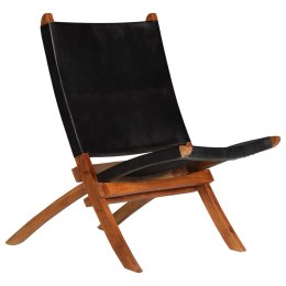 VidaXL Krzesło składane, czarne, skóra naturalna