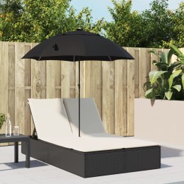 VidaXL Podwójna leżanka z poduszkami i parasolem, czarna, polirattan