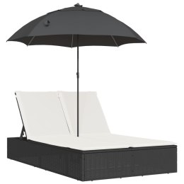 VidaXL Podwójna leżanka z poduszkami i parasolem, czarna, polirattan