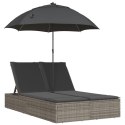VidaXL Podwójna leżanka z poduszkami i parasolem, szara, polirattan