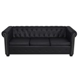 VidaXL Sofa 3-osobowa w stylu Chesterfield, sztuczna skóra, czarna