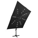 VidaXL Parasol wiszący z lampkami LED i słupkiem, 300 cm, czarny