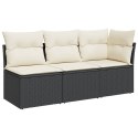 VidaXL Sofa ogrodowa z poduszkami, 3-osobowa, czarna, polirattan