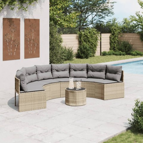 VidaXL Sofa ogrodowa, stolik i poduszki, półokrągła, beżowy rattan PE