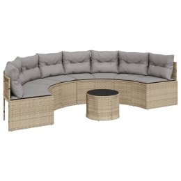 VidaXL Sofa ogrodowa, stolik i poduszki, półokrągła, beżowy rattan PE