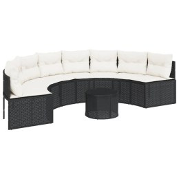 VidaXL Sofa ogrodowa, stolik i poduszki, półokrągła, czarny rattan PE