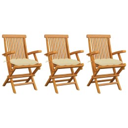 VidaXL Krzesła ogrodowe, kremowe poduszki, 3 szt., lite drewno tekowe